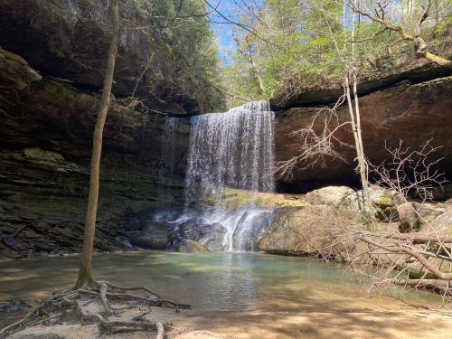 A serene waterfall cascades into a clear pool, surrounded by lush greenery and rocky cliffs.