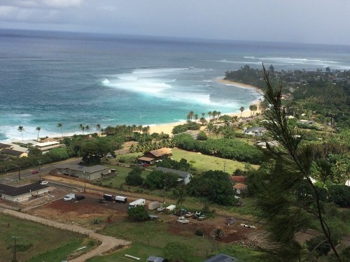 Aerial view of a coastal landscape with waves, palm trees, and a small town near the beach.