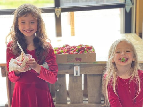 Two smiling girls in red dresses hold ice cream and strawberries, with a box of fresh strawberries in the background.