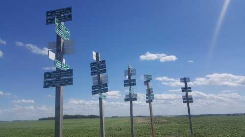 A row of directional signs against a clear blue sky, with fields stretching out in the background.