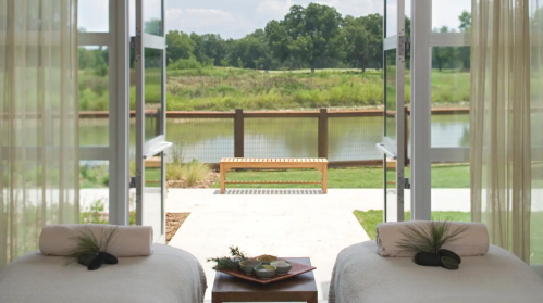 A serene spa setting with two massage tables overlooking a peaceful outdoor view of a pond and greenery.