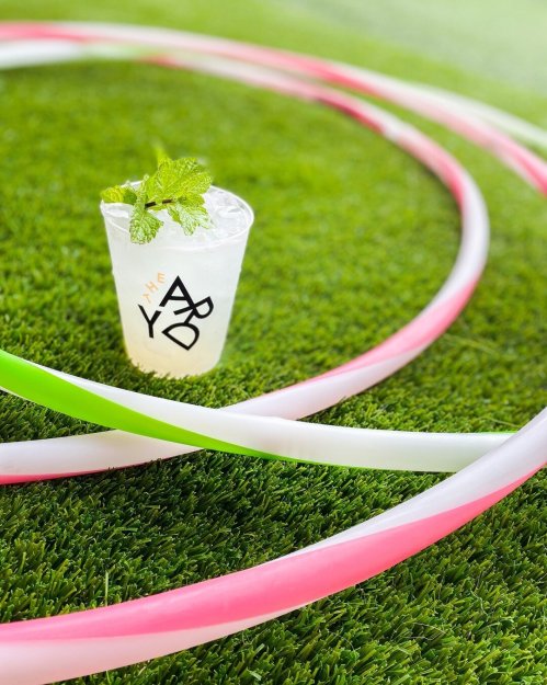 A refreshing drink with mint sits on green grass, surrounded by colorful hula hoops.