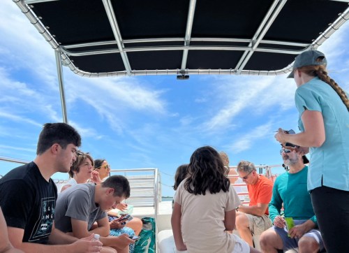 A group of people sitting on a boat under a canopy, enjoying a sunny day with blue skies.