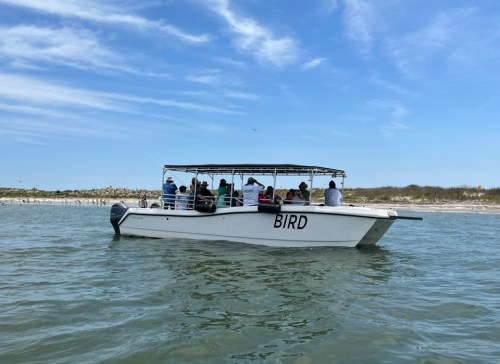 A boat named "BIRD" with passengers cruising on calm waters under a clear blue sky.