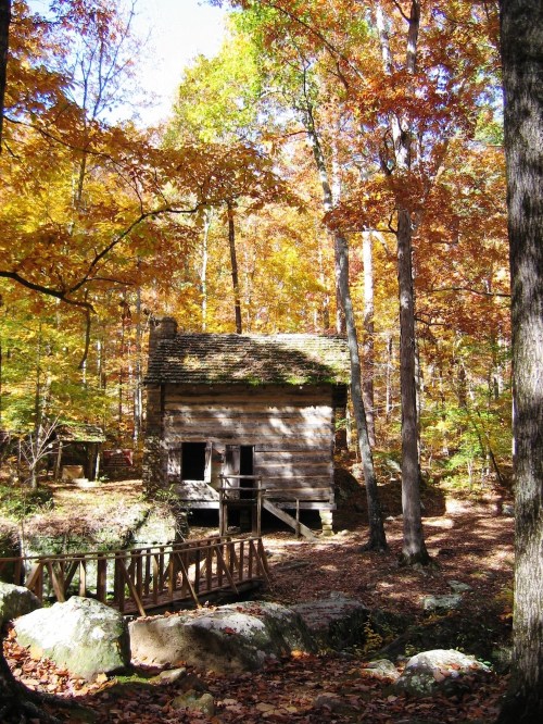 A rustic wooden cabin surrounded by vibrant autumn foliage and tall trees, with a small bridge in the foreground.