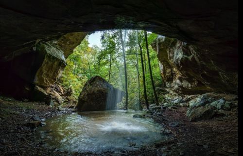 A serene cave view with a waterfall, surrounded by lush greenery and rocky formations.
