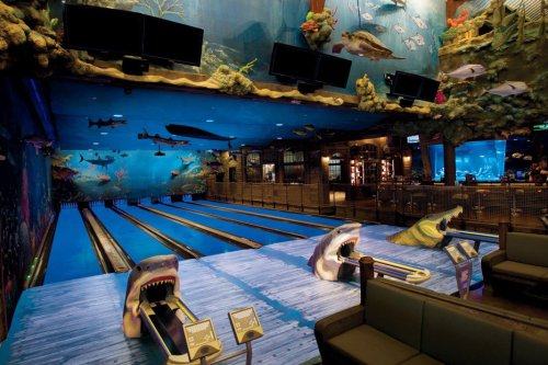 Bowling alley with an underwater theme, featuring shark sculptures and vibrant ocean murals on the walls.