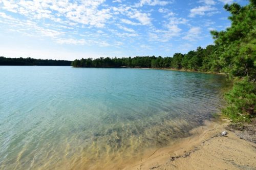 A serene lake surrounded by trees under a blue sky with scattered clouds, featuring sandy shores and clear water.