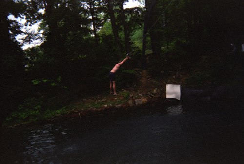 A person stands on the bank of a river, reaching out with a stick, surrounded by trees and greenery.
