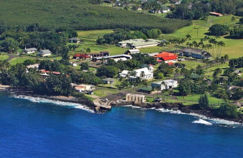 Aerial view of a coastal village with green landscapes, houses, and palm trees along the shoreline.