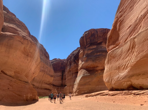 A group of people walking through a narrow canyon with towering rock formations under a clear blue sky.