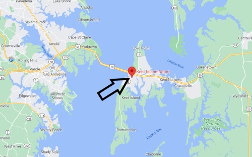 Map showing Kent Island Depot location with an arrow pointing to it, surrounded by water and nearby towns.