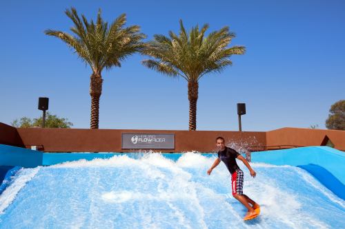 A person surfing on a flow rider with palm trees in the background under a clear blue sky.