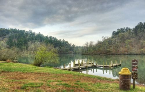 A serene lake scene with a wooden dock, surrounded by trees and a grassy area, under a cloudy sky.