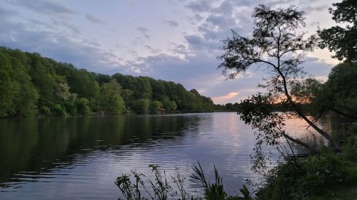 A serene lake at sunset, surrounded by lush greenery and a cloudy sky reflecting on the water's surface.