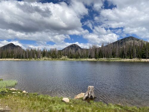 A serene lake surrounded by mountains and trees under a partly cloudy sky.