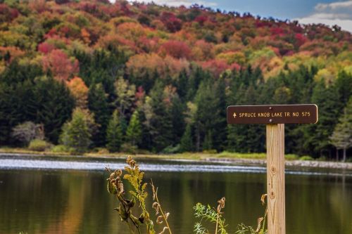 A wooden sign marks Spruce Knob Lake Trail No. 575, with vibrant autumn foliage reflected in the calm water.