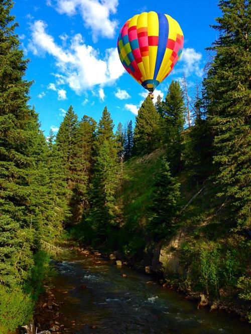 A colorful hot air balloon floats above a lush green forest and a winding river under a blue sky with fluffy clouds.