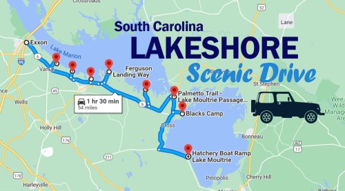 Map of South Carolina's Lakeshore Scenic Drive, highlighting key stops and route details.