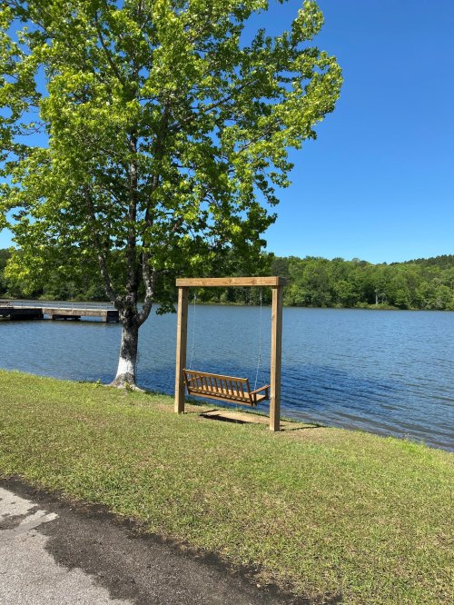 A wooden swing hangs from a frame near a calm lake, surrounded by green grass and trees under a clear blue sky.