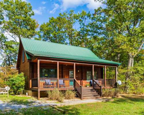 A cozy wooden cabin with a green metal roof, surrounded by trees and featuring a welcoming front porch.