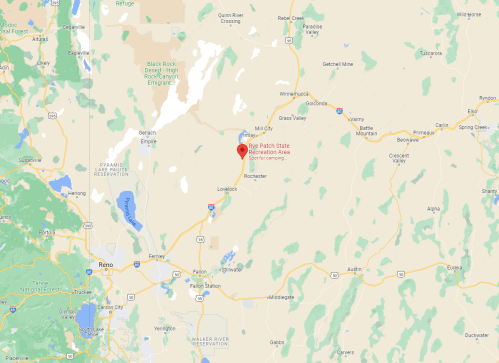 Map showing the location of Pet Patch State Recreation Area in Nevada, surrounded by mountains and highways.