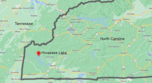 Map highlighting Hiwassee Lake, located near the border of North Carolina and Tennessee.