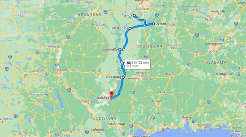 Map showing a route from Natchez, Mississippi, to Oxford, Mississippi, with a travel time of 6 hours and 52 minutes.