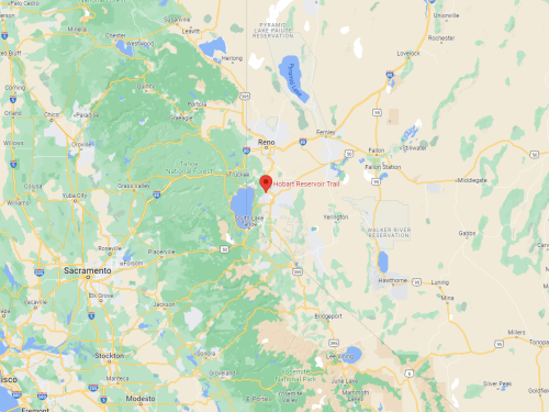 Map showing the Hobart Reservoir Trail near Reno, Nevada, with surrounding mountains and roads.
