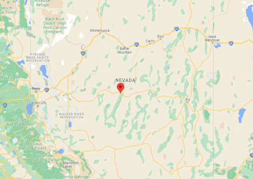 Map showing a central location in Nevada, with surrounding mountains and highways marked.