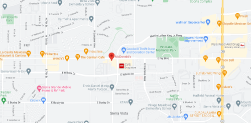 Map showing a neighborhood with various businesses, including McDonald's, CVS, and nearby restaurants in Sierra Vista.