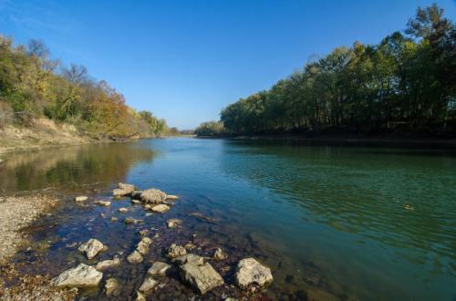 A serene river scene with clear water, rocky shore, and trees lining the banks under a blue sky.