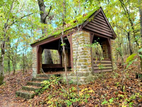 A small stone and wooden shelter surrounded by trees and fallen leaves in a forested area.