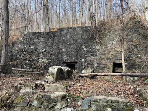 Stone ruins nestled in a wooded area, with two doorways and surrounding leafless trees.