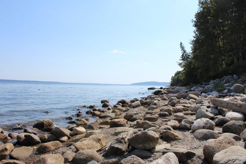 A serene lakeside view with smooth stones, clear water, and trees lining the shore under a bright blue sky.