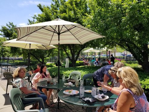 A group of women sitting at a table under umbrellas, enjoying drinks and food in a sunny outdoor setting.