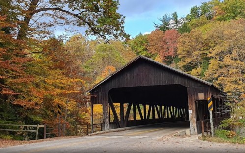 A rustic covered bridge surrounded by vibrant autumn foliage and trees.