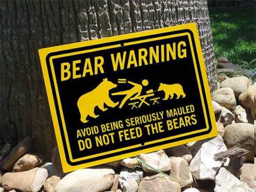 A yellow warning sign depicting bears, advising against feeding them to avoid serious injury.