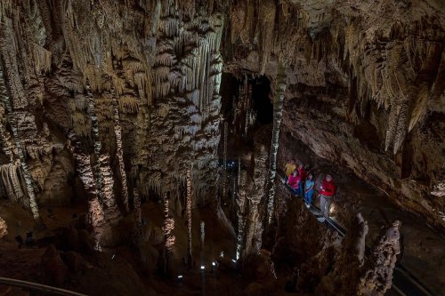 Visitors explore a stunning cave with intricate stalactites and stalagmites, illuminated by soft lighting.