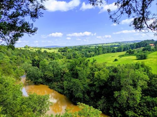 Lush green landscape with a winding river under a bright blue sky and scattered clouds.