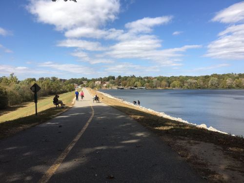 A scenic path alongside a calm lake, with people walking and sitting on the shore under a partly cloudy sky.