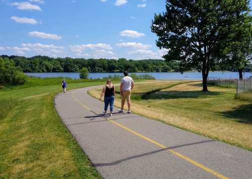 Two people walk along a paved path by a lake, with green grass and trees under a blue sky with fluffy clouds.