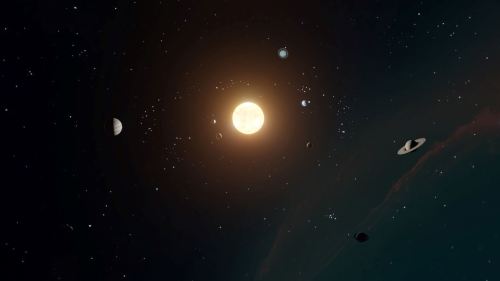 A bright sun surrounded by planets in a starry space background.