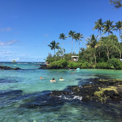 A serene beach scene with clear turquoise water, palm trees, and people swimming near rocky shores.