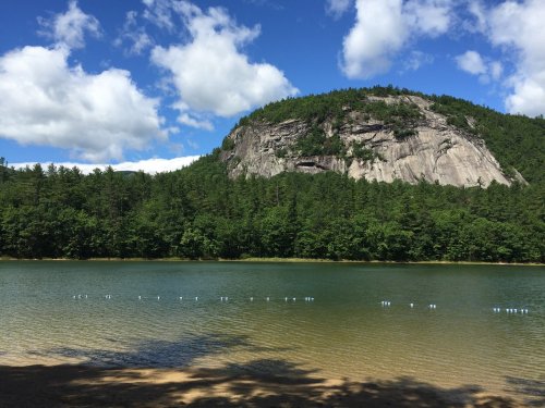 A serene lake surrounded by lush greenery and a large rocky cliff under a blue sky with fluffy clouds.