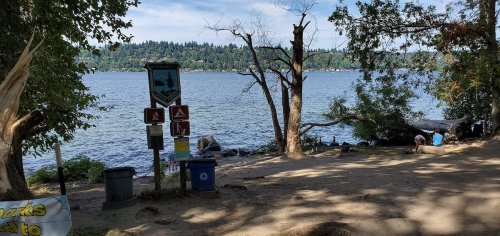 A serene lakeside view with trees, a sandy path, and signs near the water's edge on a sunny day.
