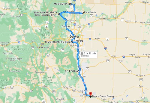 Map showing a route from Mauro Farms Bakery to various pie shops and diners in Colorado, totaling 288 miles.