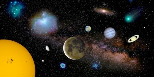 A vibrant cosmic scene featuring planets, stars, galaxies, and a bright sun against a dark starry background.