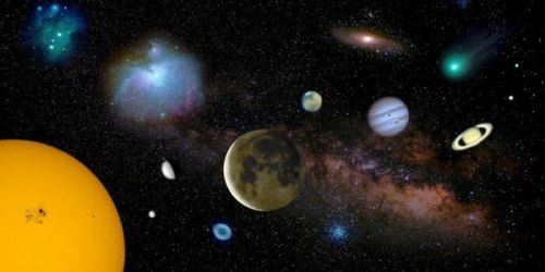 A vibrant cosmic scene featuring planets, stars, and galaxies against a dark space backdrop, with a large sun in the foreground.