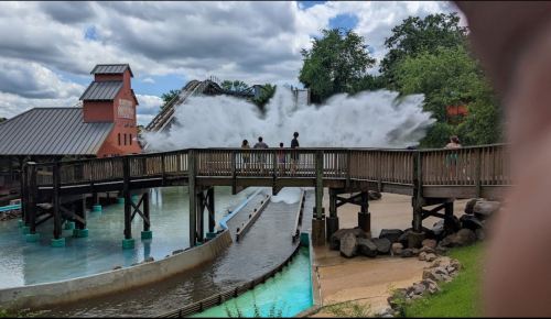 A water ride splashes down, creating a large wave near a wooden deck, with trees and a roller coaster in the background.